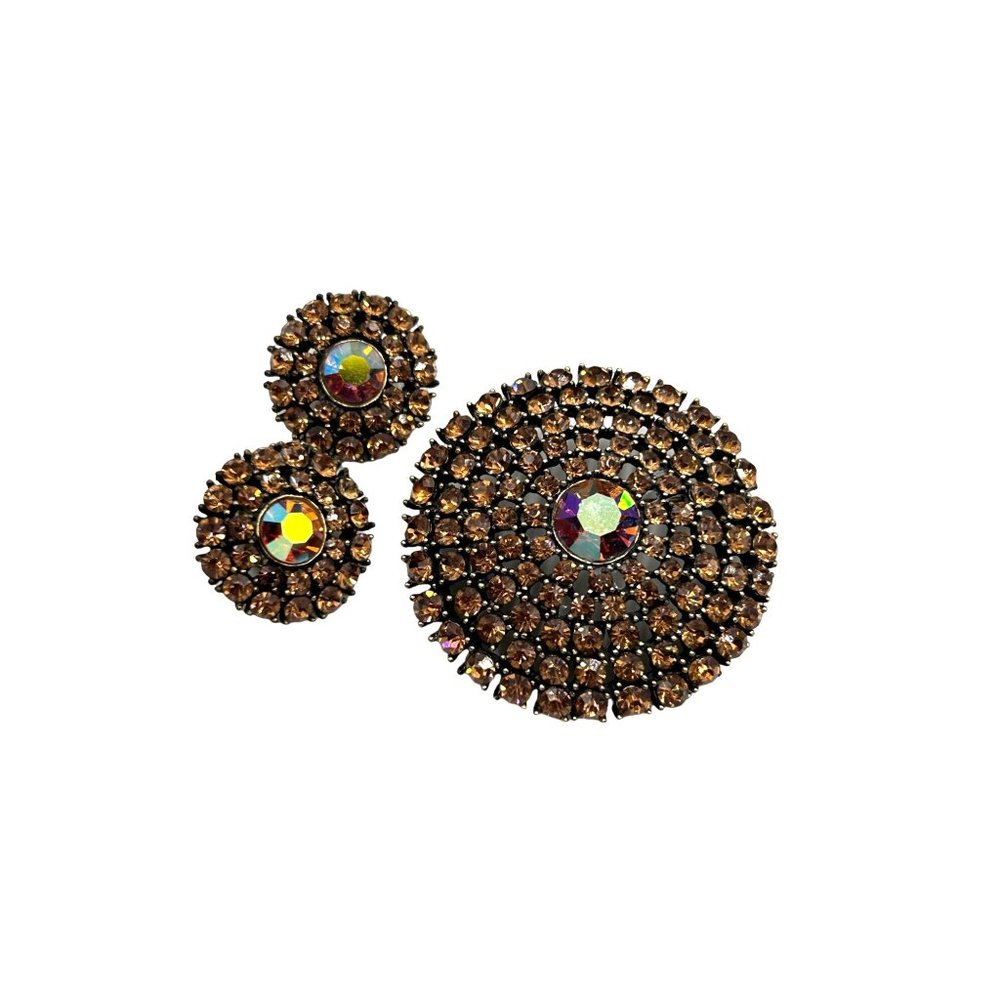 Signed Weiss Vintage Brooch & Clip On Earrings Set Autumn Fall Color Rhinestones